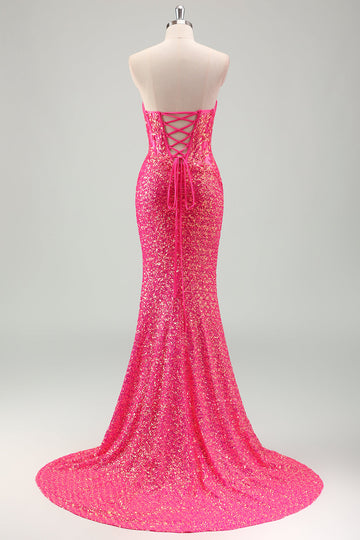 Sparkly Fucsia Mermaid corsetto senza spalline paillettes lungo Prom Dress con fessura